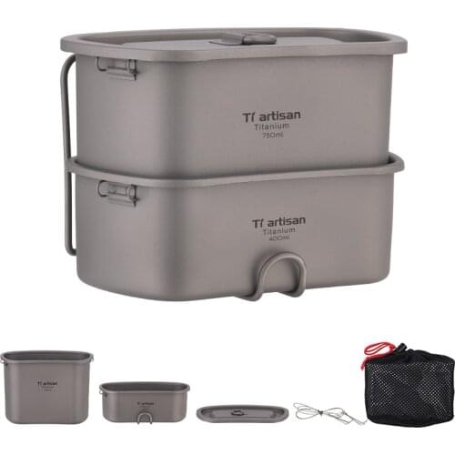 Tiartisan New Arrival Titanium Outdoor Camping Cookware Pot Set 750ml+450ml Military Canteen Lunch Box and army Water cup Ta8751