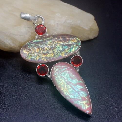 Gemstonefactory Jewelry Big Promotion Single Unique 925 Silver Pink Dichroic Glass Red Topaz Garnet Women Lady Necklace Pendant