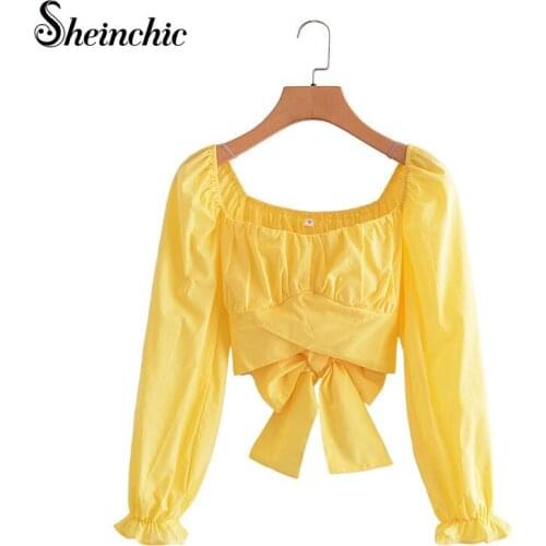 Elegant Yellow Bow Tops Women 2021 Korean Fashion Summer Clothes Elegant Long Sleeve Cotton Blouses Femme