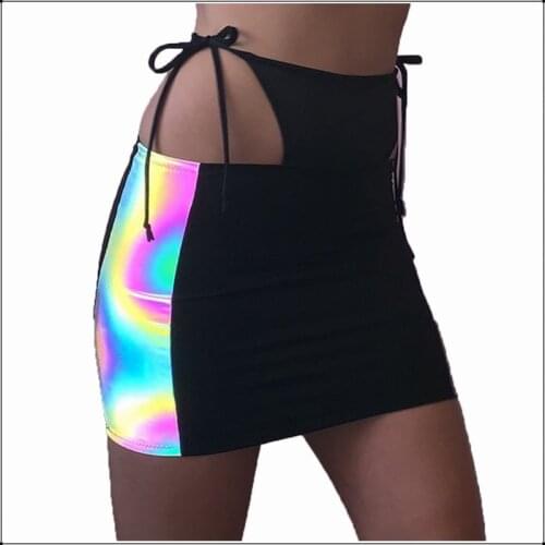 Women Sexy Hollow Tie Waist Skirt Side Fluorescence Reflective Skinny Short Mini Skirts Summer Night Club Party Bottom Skirt New