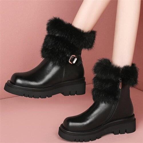 2020 Winter Casual Shoes Women Genuine Leather High Heel Motorcycle Boots Female High Top Warm Rabbit Fur Platform Oxfords Shoes