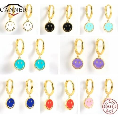 CANNER 100% 925 Sterling Silver Colorful Smiley Pendant Enamel Drop Earrings for Women Dripping Piercing Huggie Earring Jewelry