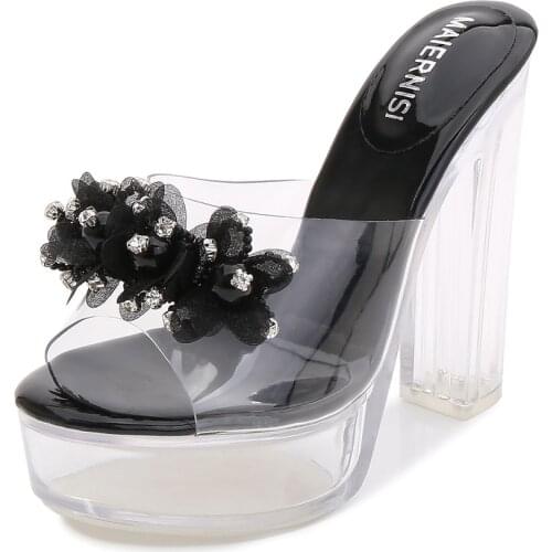 MAIERNISI PVC Transparent Slippers Square head Open Toes High Heel Crystal Womens Shoes Transparent High Heels 13cm Slippers