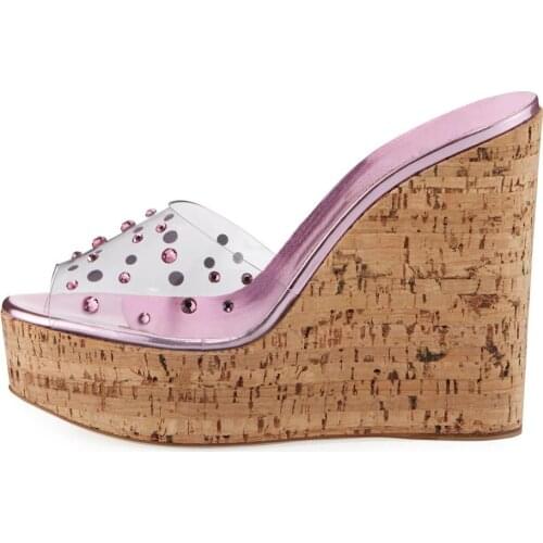 Ladies Leisure Crystal Embellished PVC Slipper Wooden Pattern Platform Wedge Heels Female Summer Sandals Beach Shoes