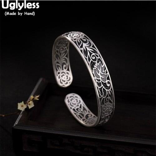 Uglyless 100% Real Solid 999 Pure Silver Leaf Bangles for Women Wide Bangles Handmade Carved Flower Bracelet Thai Silver Jewelry