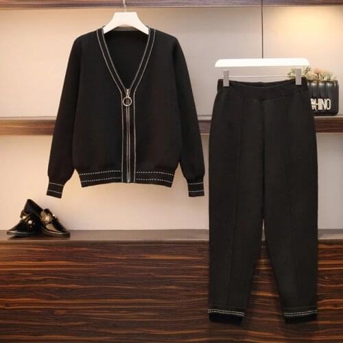 Fashion Casual Patchwork V Neck Solid Long Sleeve Zipper Large Size Knitted Slim Two-Piece Suit Women 2021 New Summer Outerwear