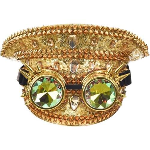 Gold Sequined&Rivets And Diamond Glasses Rock Gothic Cool Hat Anime Cosplay Accessories Halloween Carnival Games Steampunk Props