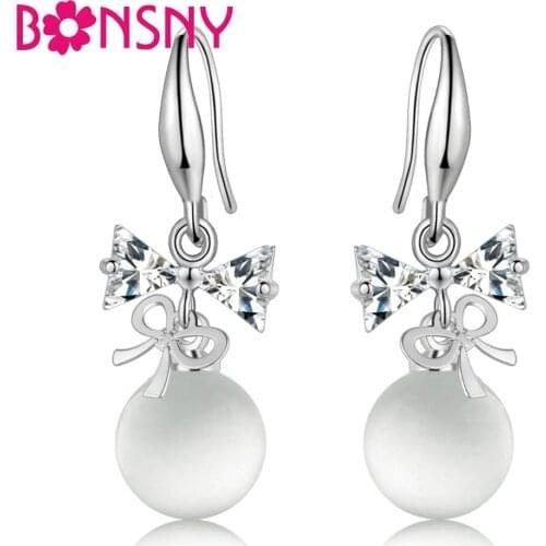 Bonsny Silverstone Bowknot Opal Cubic Zircon Hook Earrings Dangle Drop Zirconia Charms For Women Girls Teen Gift Fashion Jewelry