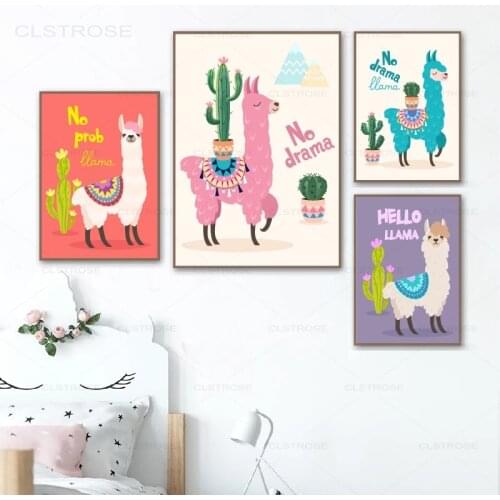 Nursery Decor Prints and Posters Cartoon Llama With Cactus Canvas Painting Cute Animal Alpaca Picture Baby Room Wall Decoration