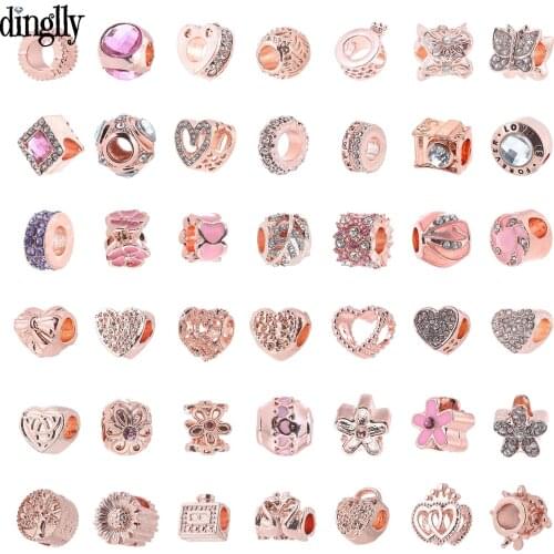 Dinglly 10pcs/lot Shiny Crystal Rose Gold Beads Charm Beads Fit Original Beaded Bracelet & Necklace For Women Jewelry Accessory