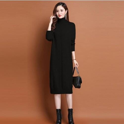 Elegant Women Dress 2021 Autumn Winter Turtleneck warm Sweater Dresses Casual Long Sleeve Knee-length Knitted Dress
