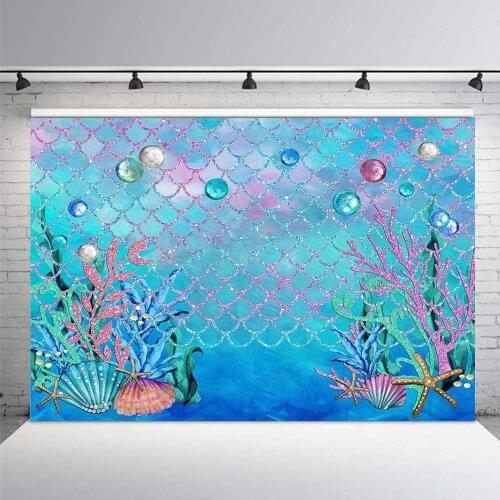 Under The Sea Blue Photography Backdrop Props Ocean Mermaid Theme Girl Birthday Party Pearls Starfish Shell Ocean Baby Decor