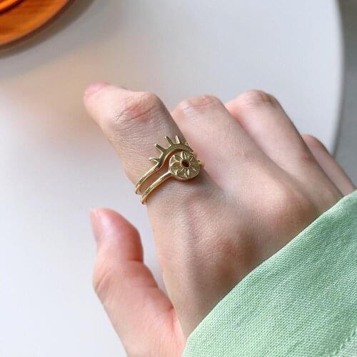 Authentic S925 Sterling Silver FINE Jewelry Gold Double Rows Sun Flower ring adjust TLJ686