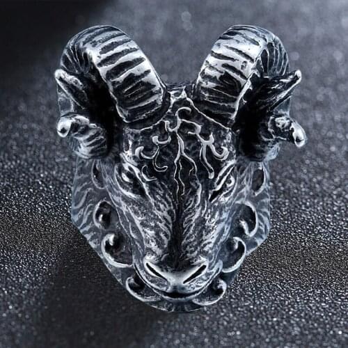Stainless Steel Vintage Aries Goat Head Bull Horn Ring Motorcycle Exaggerated Punk Goats Rings For Men Jewelry