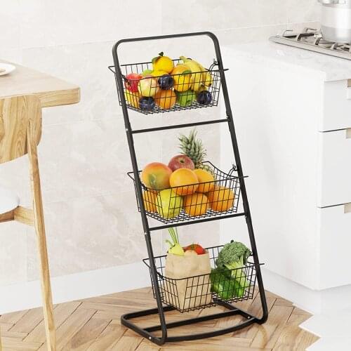 Kitchen Storage Racks Wire Market Basket Stand, 3 Tier Vertical Fruit Basket Stand with Removable Wire Baskets Floor Stand