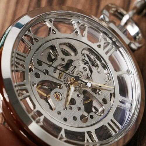 Hot Sale Elegant Fashion Classic Transparent Skeleton Silver Mechanical Hand Wind Poket Watch for Girls relogio de bolso