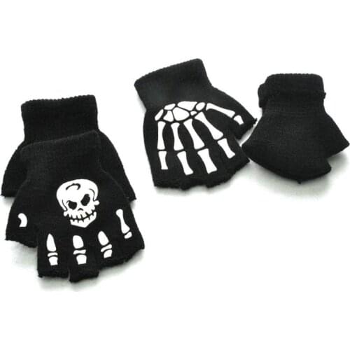 Toddler Kids Halloween Cosplay Skeleton Skull Half Finger Gloves Glow in the Dark Luminous Fingerless Knit Winter Mittens M6CD