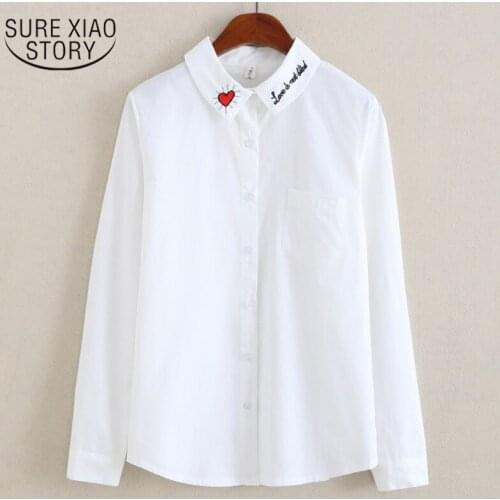 2021 Spring New White Shirt Long Sleeve Shirt Women Bottoming Love Embroidered Blouse Cotton Women Blouse Ladies Tops 5598