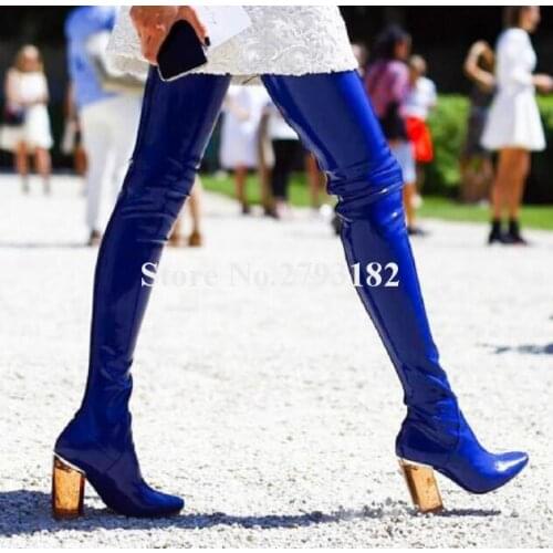 2018 Spring New Fashion Blue PVC Over Knee Blue Transparent Chunky Heel Boots Sexy Bandage Thick Crystal Long Boots Real Photo