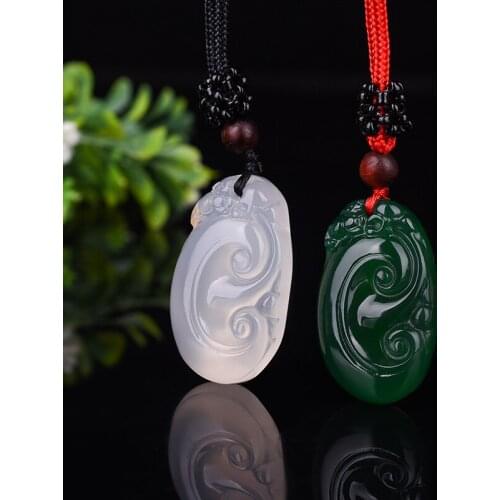 Chinese Green Agate Ruyi Pendant Necklace Charm Jewellery Fashion Accessories Hand-Carved Woman Amulet Sweater Chain