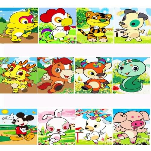 Frame DIY Painting By Numbers Children Cartoon Chinese Zodiac Paint By Number Hand Painted Calligraphy Painting 20x20cm Artowrk