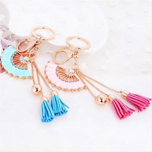 Pink Blue Chinese Wind Dripping Oil Crystal Fan Tassel Car Keychain Rhinestone Women Keyring Wholesale