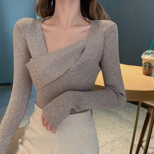 Sexy V-neck chic cashmere Sweater Pullover Women Autumn Winter Female Knitted sweater slim long sleeve Criss-Cross sweater 2021