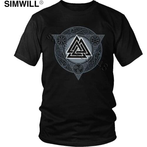 Vintage Valknut Ice Flame Norse Runes T shirt Mens Summer 100% Cotton Tees Top Short Sleeves Vikings Valhalla Odin T-Shirt Gift