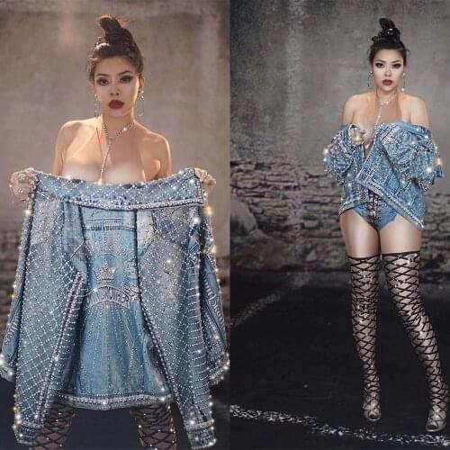 Women Sparkly Rhinestones Denim Pattern Printed Jacket Men Loose Oversize Coat Dj Singer Stage Wear Nightclub Dance Costume