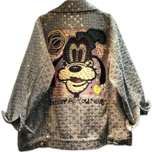 Women Spring Cartoon Print Diamonds Denim Coats and Jackets BF Loose Oversize Sequins Jean Jacket Street Style Clothes