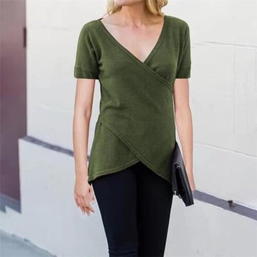 Womens New Sexy V-neck Fashion Asymmetric T-shirt In Spring 2021 Women Clothes Shirts