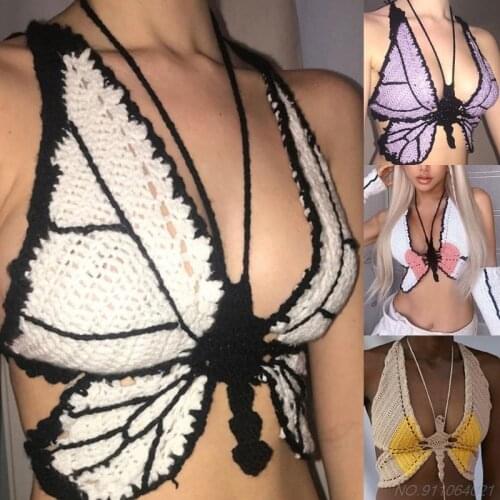 Women Summer Sexy Hollow Out Knit Camisole Deep V-Neck Halter Backless Crop Top Crochet Butterfly Bralette Bra Vest Beach ju30