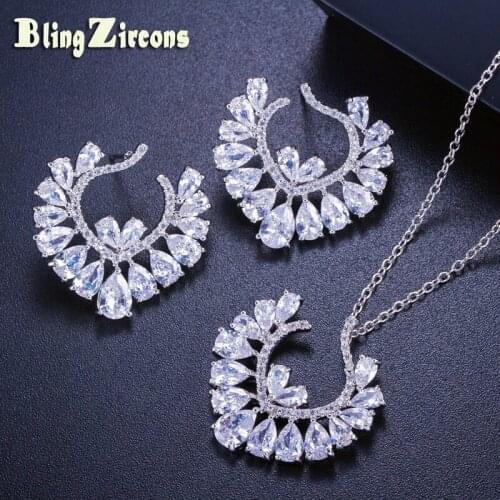 BeaQueen Unique Women Big Heart Shape Luxury Crystal Pendant Necklace Earrings Cubic Zirconia Turkish Jewelry Sets JS124