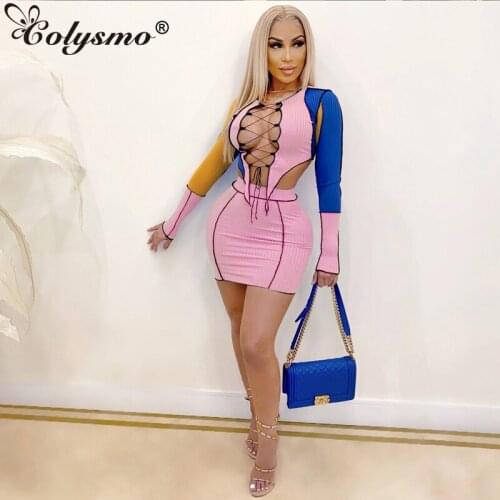 Colysmo Ribbed Knit Two Piece Set Hollow out Tie up Color Blocking Top Mini Skirt Club Outfits for Women Chic Sexy Matching Sets