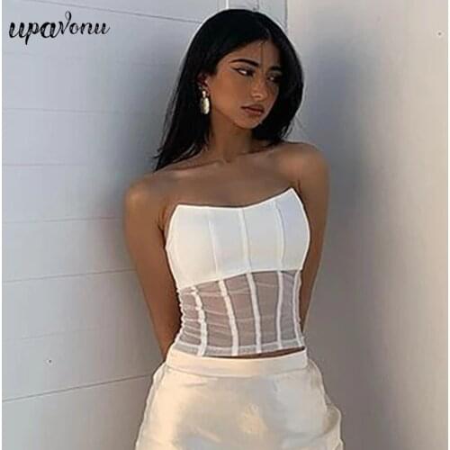 Free Shipping Sexy Summer Chest Wrap Bandage Crop Top Womens White Sleeveless Halter Mesh Patchwork Top Club Party Top 2021 New
