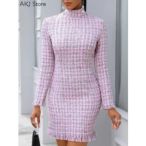 Women Long Sleeve Slim Clubwear Party Dress Autumn Winter Mock Neck Tassel Hem Bodycon Dress