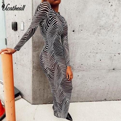 Stripe Print Sexy Dress Sheer Mesh Long Sleeve Mid Bodycon Dress For Women See Through Bandage Bodycon Pencil Dress Vestidos
