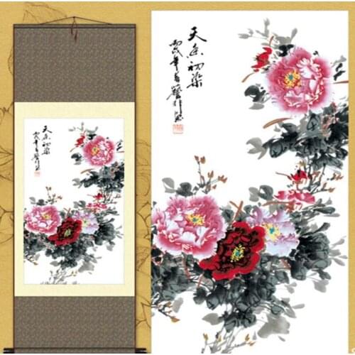 1pc China Quality Traditional Home Decoration Chinese Silk Scroll Painting peony Ink Painting S057