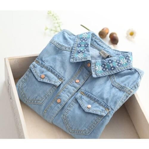 2017 New Arrival Baby Girls Denim Cotton Blouses Girls Flower-embroidery Denim Blouse Kids Long Sleeve Denim Shirts