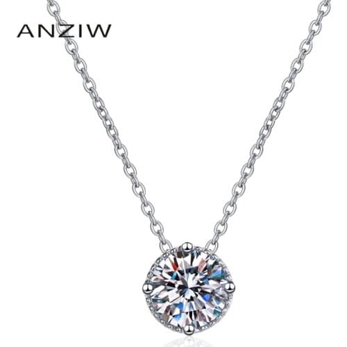 ANZIW 925 Sterling Silver Moissanite Diamond Solitiare Neckalces Silver 1CT Round Necklace Women Wedding Engagement Jewery Gifts