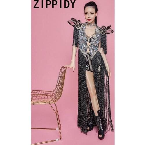 Sparkly Gold Stones Rivets Bra High Waist Short Black Long Tassel Shrugged Long Coat Female Singer Birthday Party Outfit