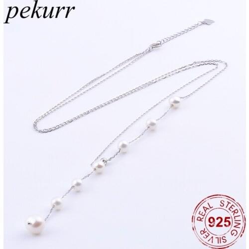 Pekurr White Shell Pearl Necklaces 925 Sterling Silver 65cm Long Sweater Chains Pendants Adjustble Fashion Jewelry