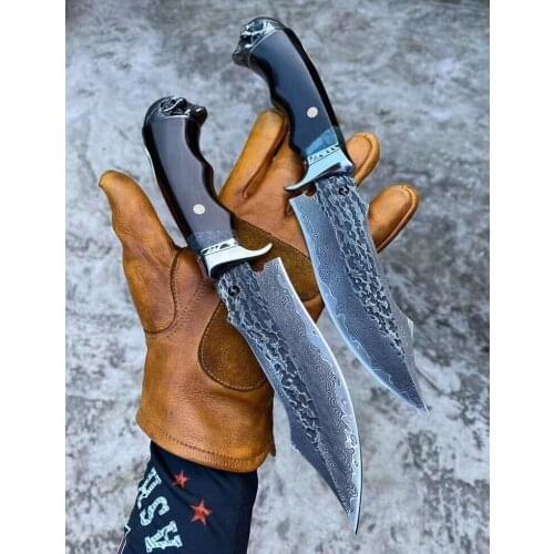 Damascus steel VG10 steel core 103 floor Alloyed skull head handleStraight Knife Hunting Knife Outdoor Camping Self-defense Tool