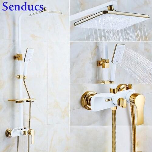 RoHS Hot Cold White Gold Bathroom Shower System Wall Mounted Valve Thermostatic Mixer 3 Outlet Bathroom Shower Faucet Set