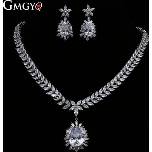 GMGYQ Simple Fashion Wedding Jewelry Necklace Earrings Silver Color Leaves Shape Set AAA + CZ Zircon