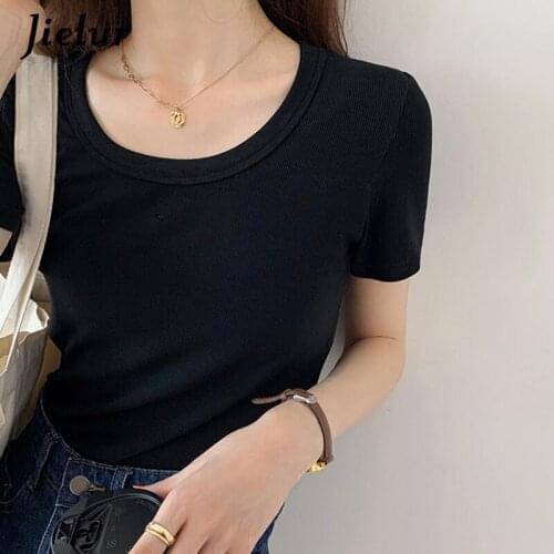 Jielur Solid Color Slim All-match T-shirt Young Short-Sleeved Womens T-shirts O-neck Tops Base Simple Tee Shirts White Black