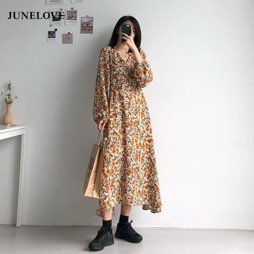 JuneLove Vintage Mid-Calf Dress Sweet V-neck Floral A-Line Long Dress Spring Autumn Casual Loose Dress Korean Fashion Vestidos