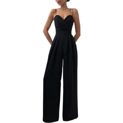 Ladies Jumpsuit Wide Leg High Waist Solid Color Elegant Deep V Neck Backless Sling Jumpsuit for Banquet Female Slim- Fit Romper