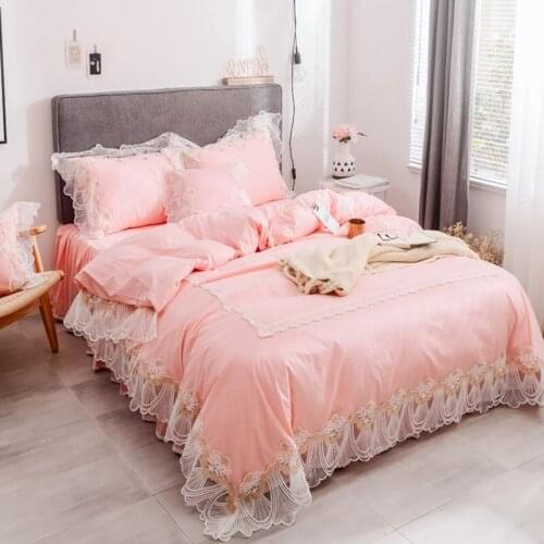 Pink Lace Embroidered Duvet Cover Set King Queen Size 4pcs Luxury Princess Solid Color Bedding Bedspread Bed Skirt Pillowcases