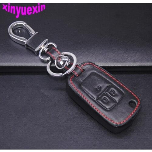 Xinyuexin Leather Car Key Cover Fob Case For Chevrolet Cruze TRAX Aveo Lova Sail EPICA Captiva Malibu Volt With Keychain 3Button